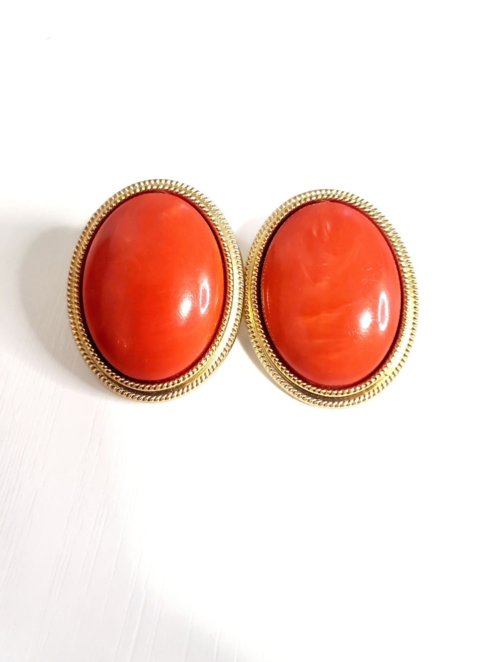Gold Frame Coral Oval Clip-On Earrings